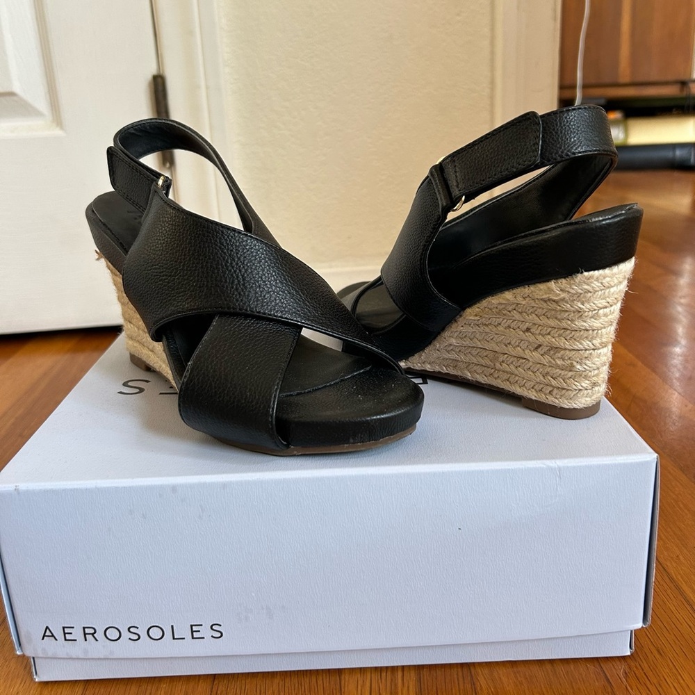 AEROSOLES Black Wedge Espadrilles with Adjustable Slingback